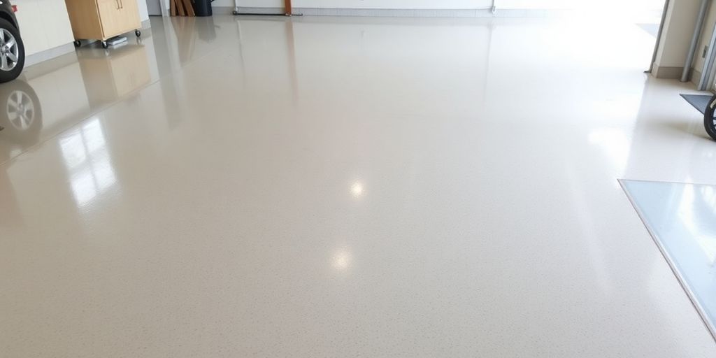 Glossy epoxy garage floor with a shiny finish. Glossy epoxy garage floor with a shiny finish.