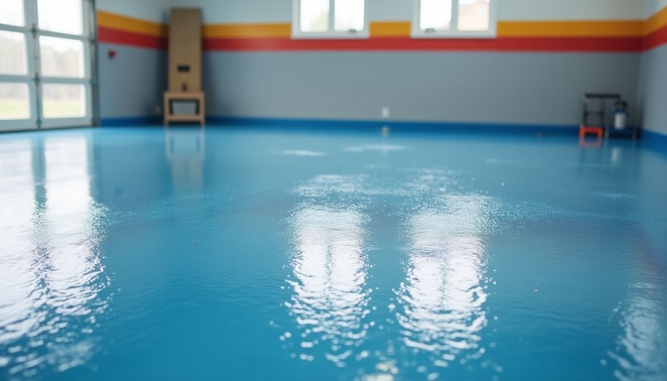 Glossy solvent-based epoxy garage floor with reflective finish. Glossy solvent-based epoxy garage floor with reflective finish.