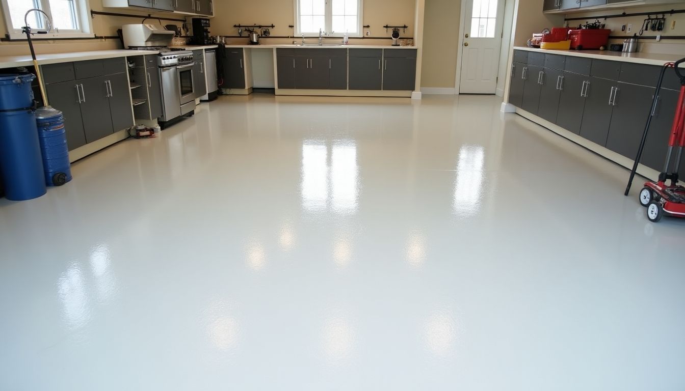 Glossy water-based epoxy garage floor with organized tools. Glossy water-based epoxy garage floor with organized tools.