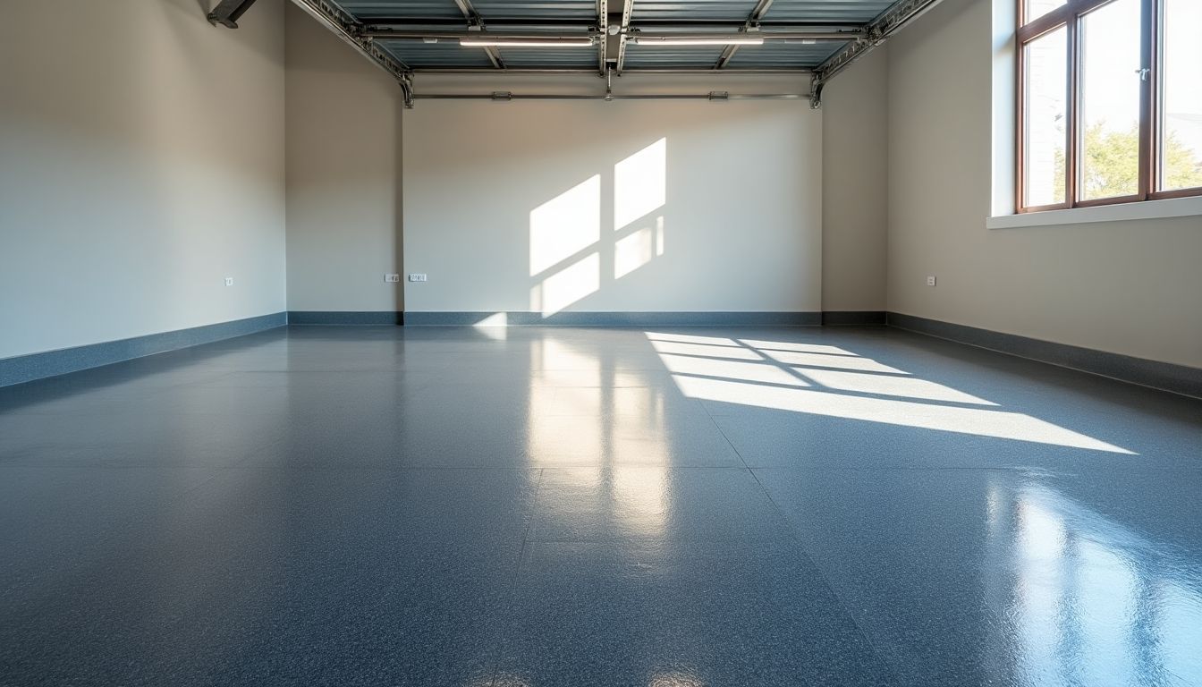 Metallic epoxy garage floor with a glossy, reflective finish. Metallic epoxy garage floor with a glossy, reflective finish.