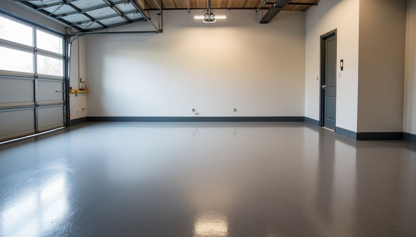 Epoxy finish garage floor with a glossy, vibrant surface. Epoxy finish garage floor