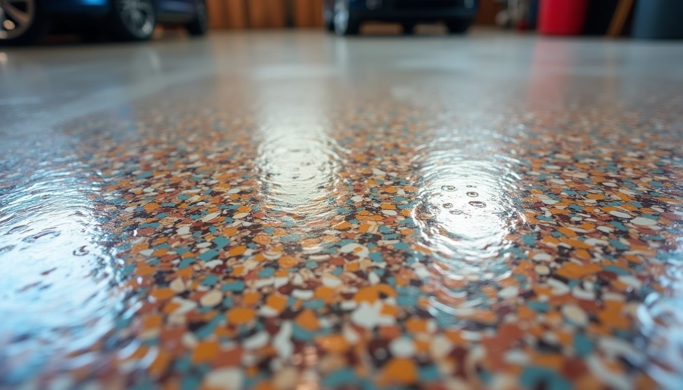 Epoxy flake garage floor with colorful decorative flakes. Epoxy flake garage floor with colorful decorative flakes.