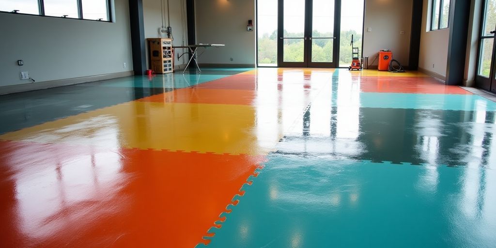Colorful epoxy flooring in a modern interior setting. Epoxy flooring