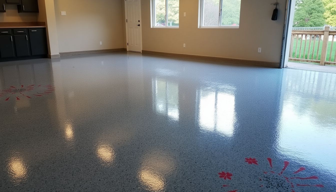 Epoxy-coated garage floor with vibrant colors and smooth finish. Epoxy-coated garage floor