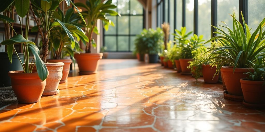 Glossy epoxy floor with natural elements and potted plants. Glossy epoxy floor