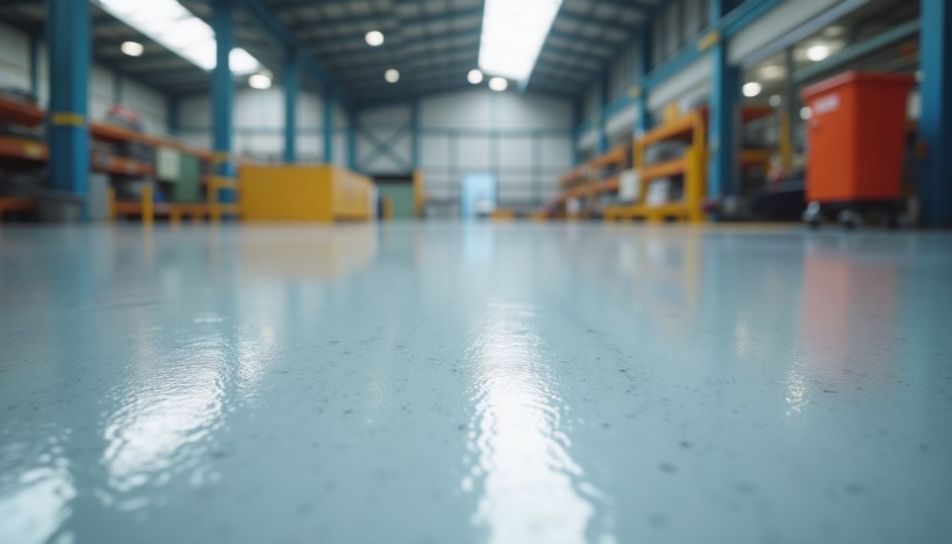 Glossy industrial epoxy floor in a modern warehouse. industrial epoxy floor