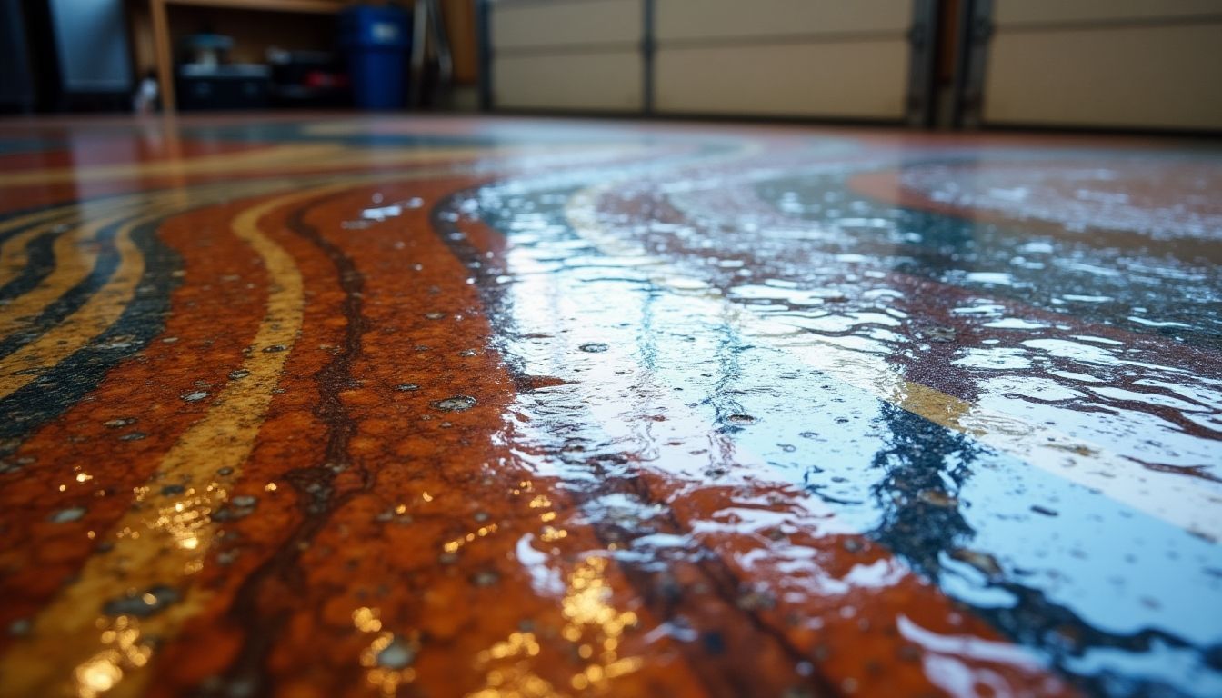 Metallic epoxy garage floor with shiny, reflective surface. Metallic epoxy garage floor with shiny, reflective surface.