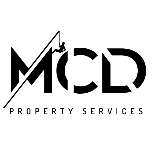 Logo for MCD Property Services featuring a silhouetted figure rappelling from the letter 