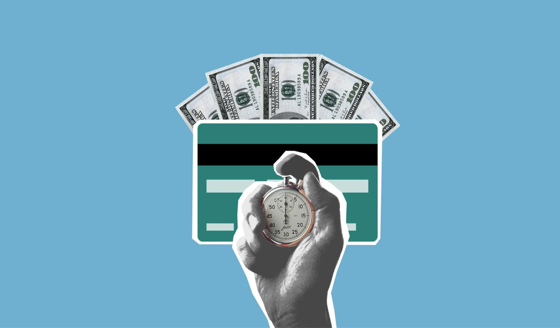 Hand holding a coin in front of a card, with cash and a wallet against a blue background