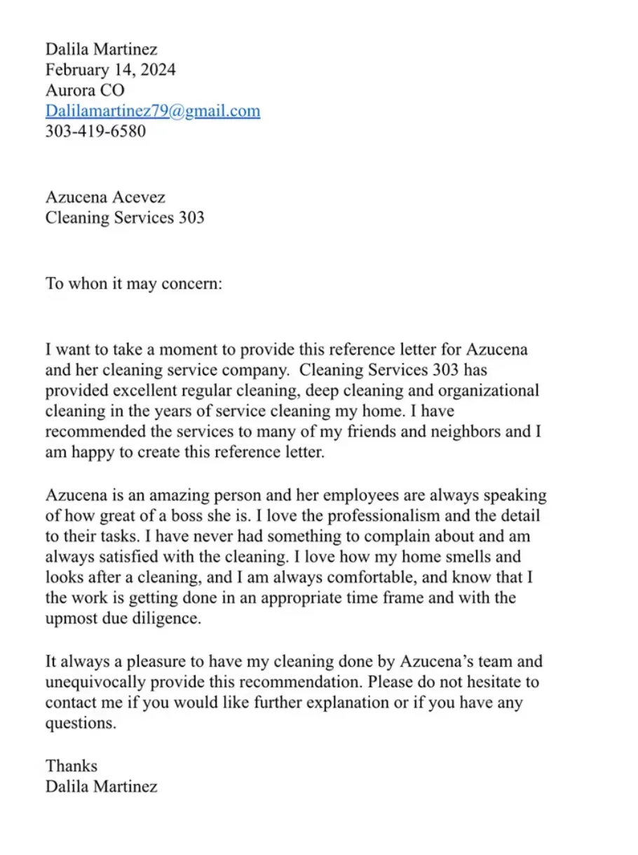 A letter of recommendation from Dalila Martinez for Cleaning Services 300, dated February 14, 2024.