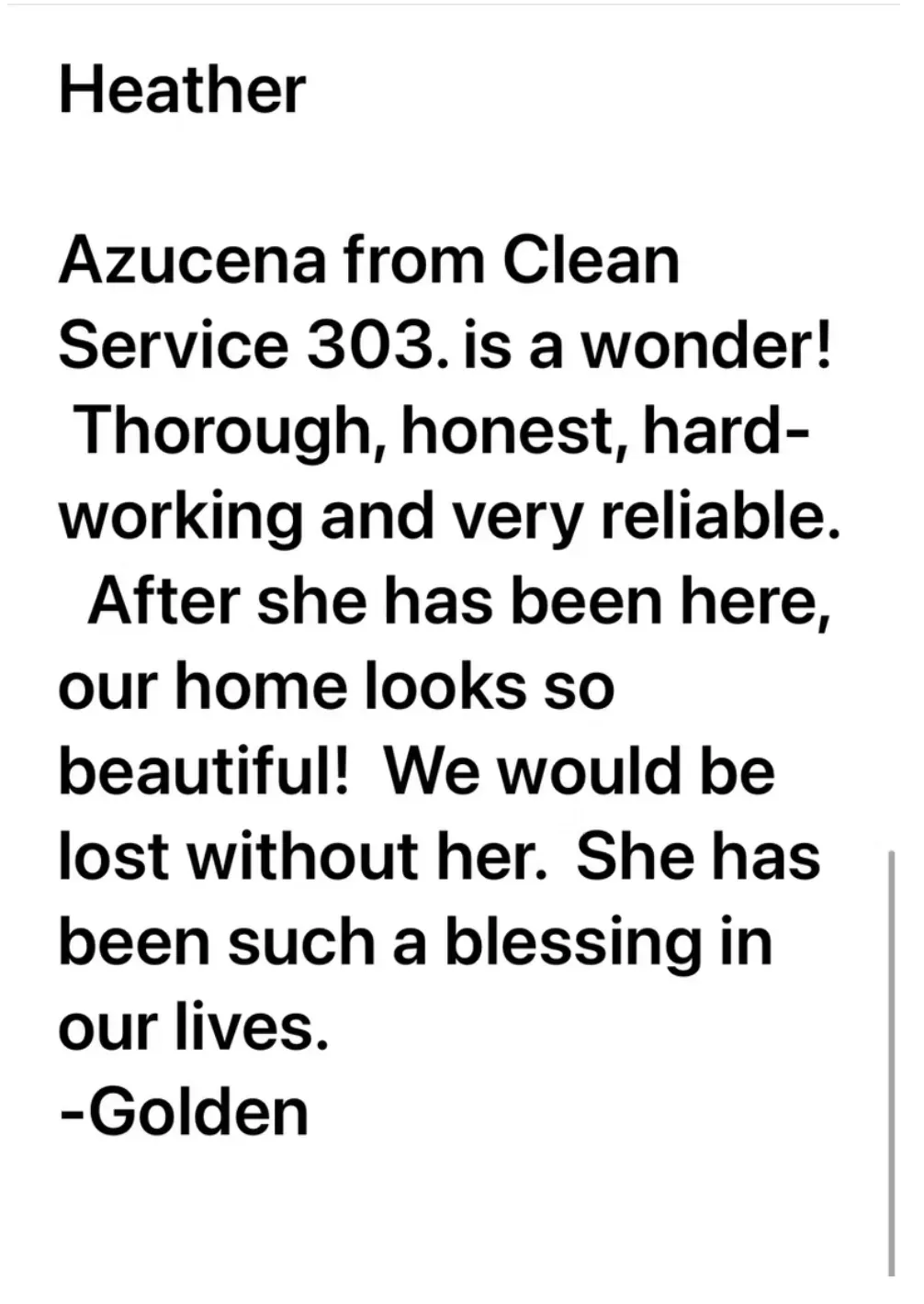 A testimonial from Golden about Azucena from Clean Service 303, praising her cleaning work as thorough and reliable.