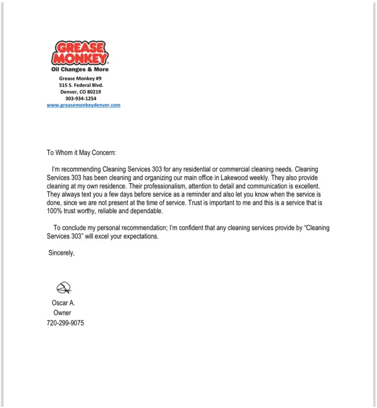 A recommendation letter from Grease Monkey on company letterhead endorsing Cleaning Services 303 for residential and commercial.