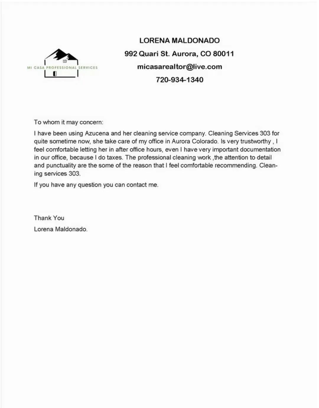 A letter of recommendation for Cleaning Services SOS from Lorena Maldonado, a realtor in Aurora, Colorado.