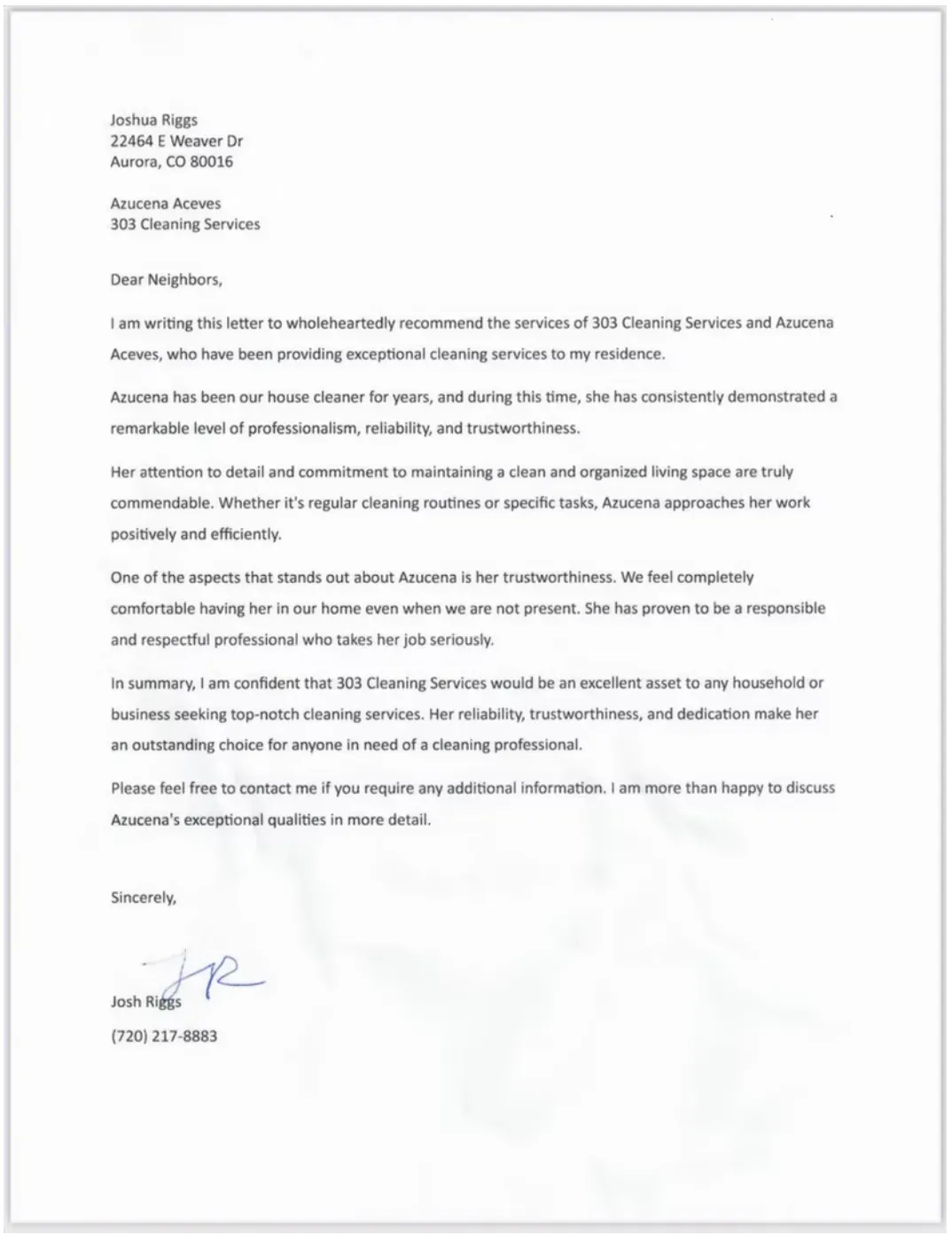 A formal letter of recommendation for JJ Cleaning Services, signed by Joshua Riggs.