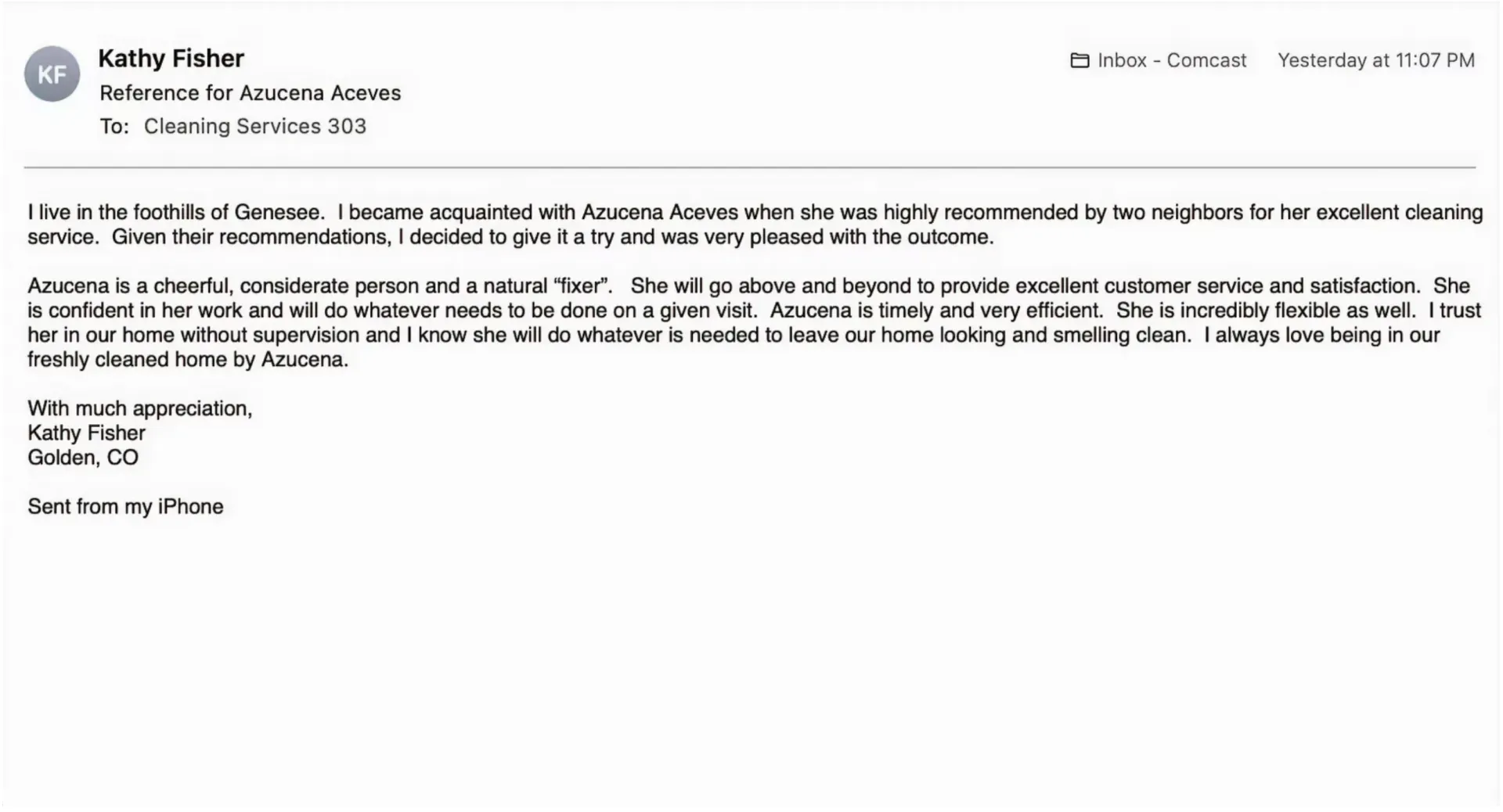A glowing recommendation email for a cleaning service from Kathy Fisher, sent via iPhone.