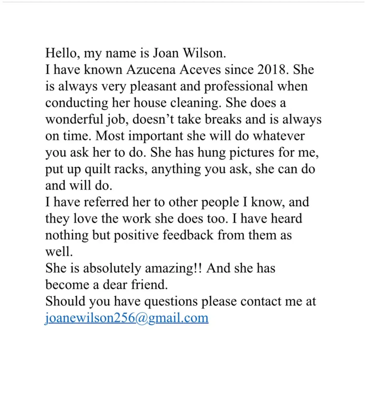 A letter of recommendation for house cleaner Azucena Aceves, written and signed by client Joan Wilson.