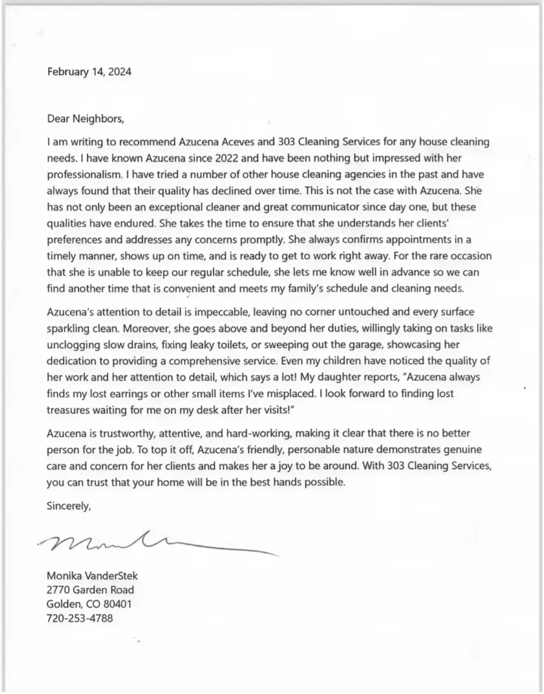 A testimonial letter written on February 14, 2024, recommending Auzana and 360 Cleaning Services for home cleaning.