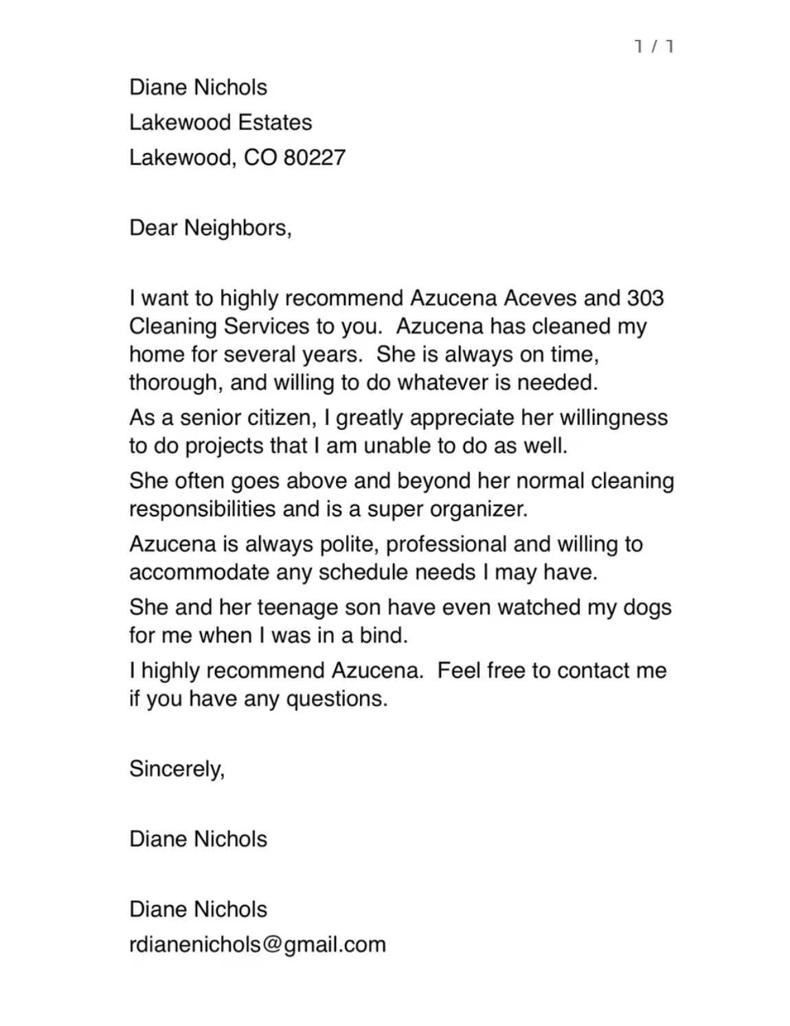 A letter from Diane Nichols to her neighbors recommending Azucena Aceves and 808 Cleaning Services.