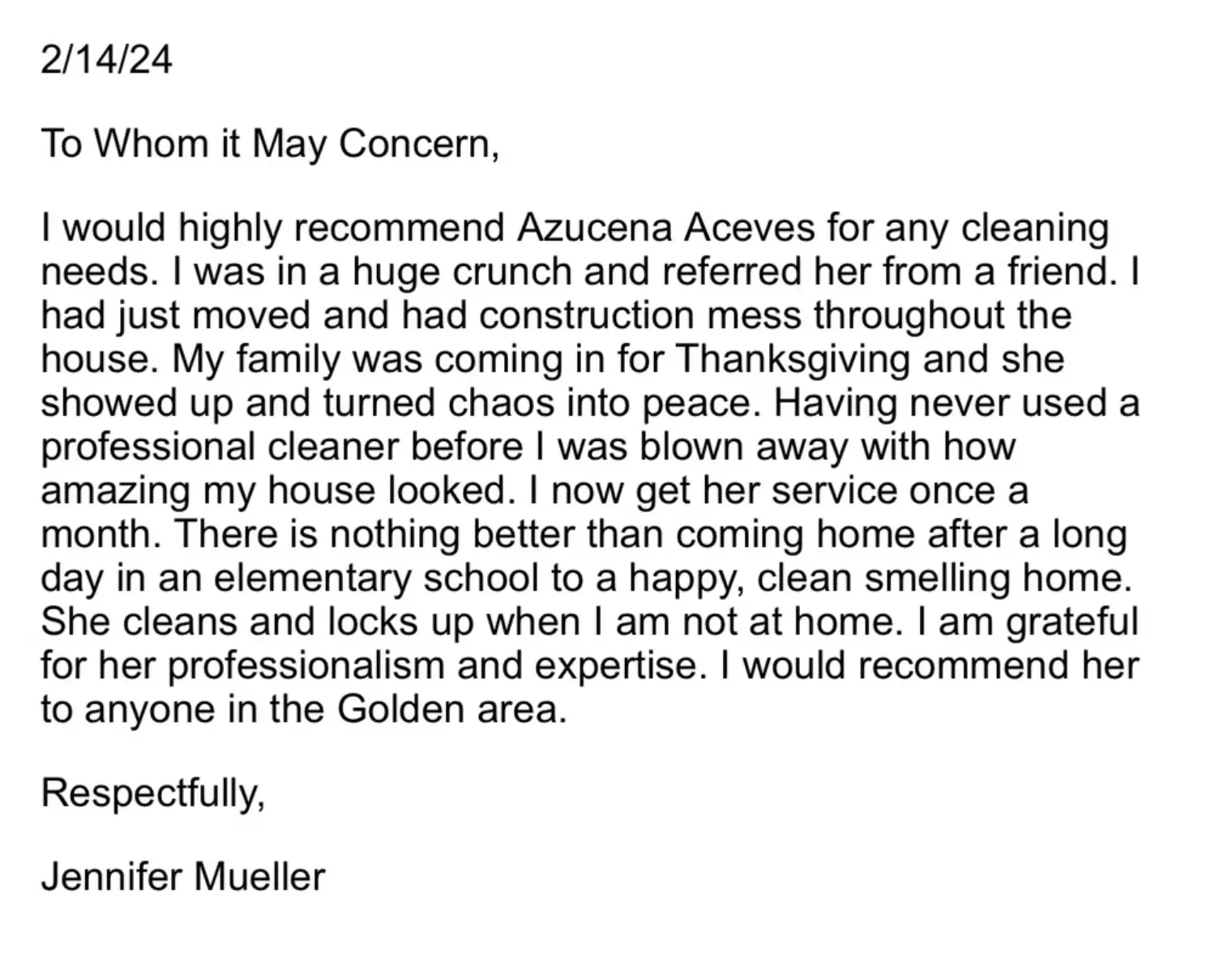 A testimonial letter dated February 14, 2024, recommending Azucena Aceves for professional cleaning services.