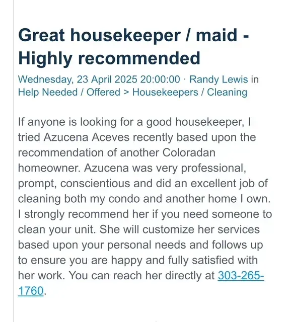 A forum post by Randy Lewis recommending Azucena Aceves for housekeeping services, including her phone number 303-265-1760.