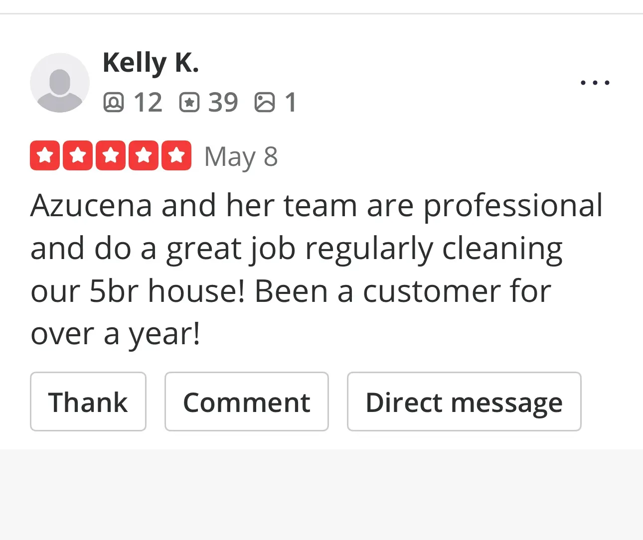 A five-star review from Kelly K. praising Azucena and her team for professional house cleaning services.