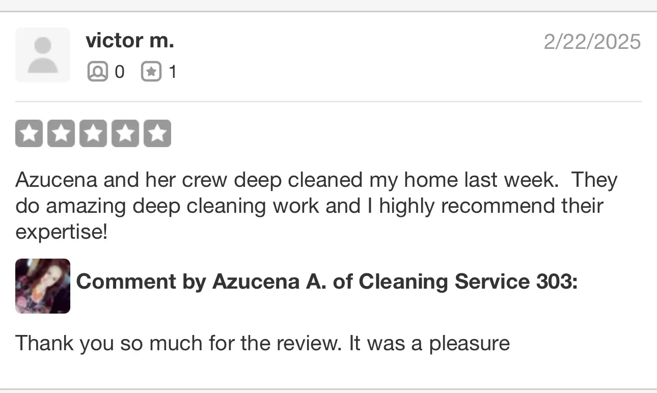 A 5-star review for Cleaning Service 303 by victor m., with a response from Azucena A. thanking the customer.