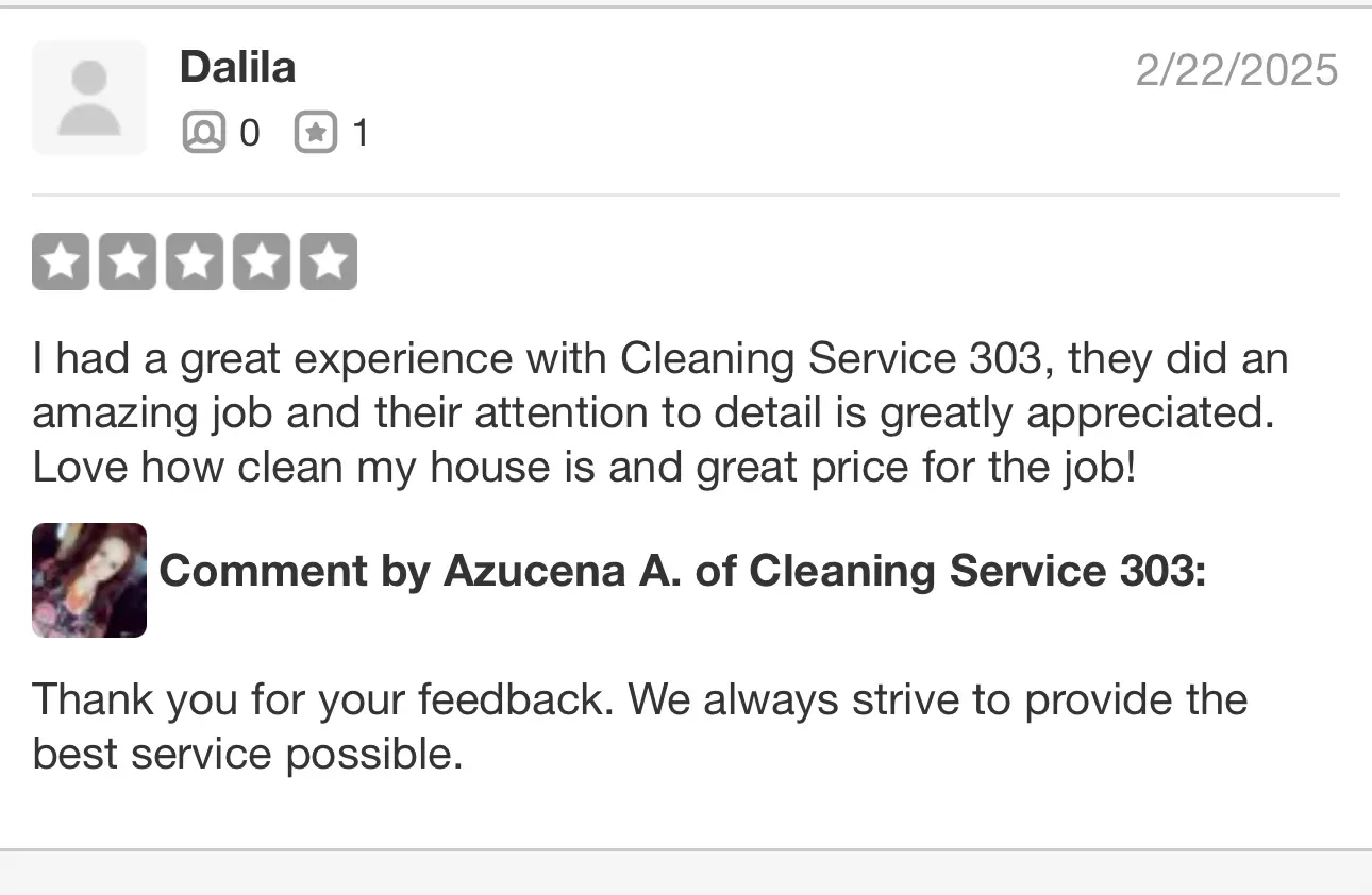 A five-star review for Cleaning Service 303 by Dalila, with a response from Azucena A. thanking the customer.