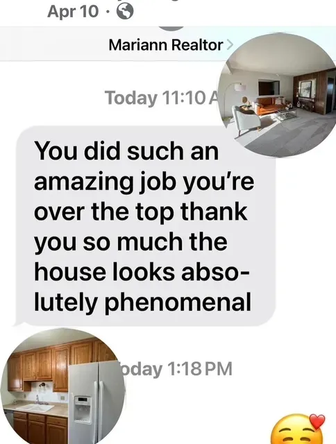 A text message from Mariann Realtor praising the recipient's work on a home, accompanied by photos of a room and kitchen.