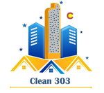 Logo for Cleaning Service 303 featuring buildings and houses in blue and yellow.