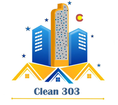 Logo for Cleaning Service 303 featuring buildings and houses in blue and yellow.