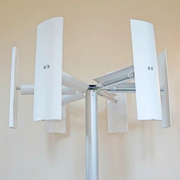 Close-up of the Makemu Domus 6-blade vertical axis wind turbine for domestic installation