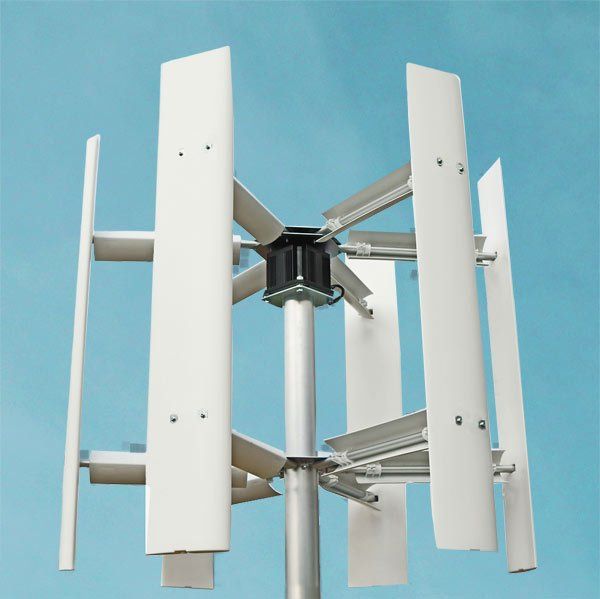 Vento X vertical axis wind turbine with 6-blade Darrieus rotor against a clear blue sky