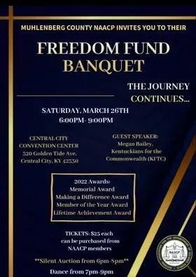 NAACP Freedom Fund Banquet flyer in navy and gold with event details and guest speaker names