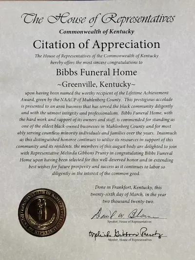 House of Representatives citation of appreciation for Bibbs Funeral Home, with seal and signatures