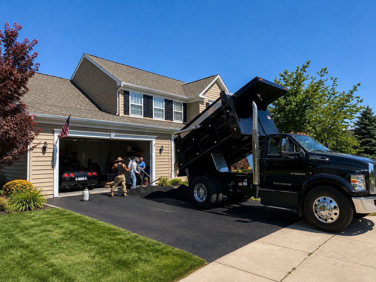 Black tow truck lifting a car out of a garage driveway at a suburban house
