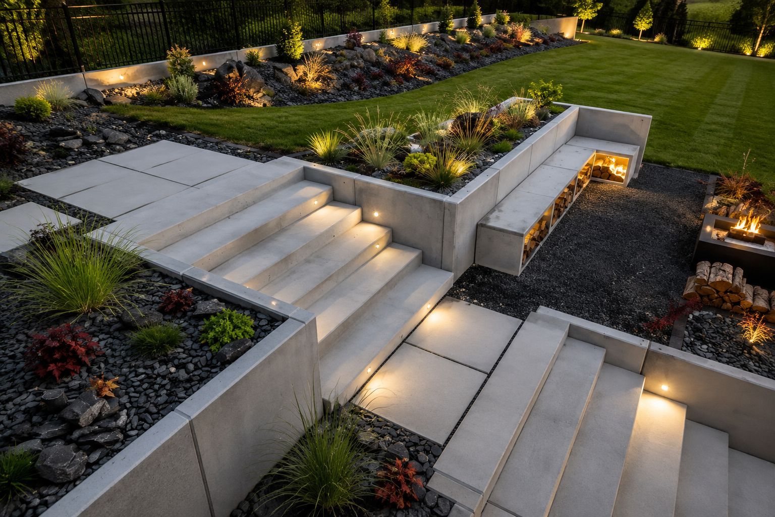 Modern landscaped garden with lit concrete steps and retaining walls at dusk