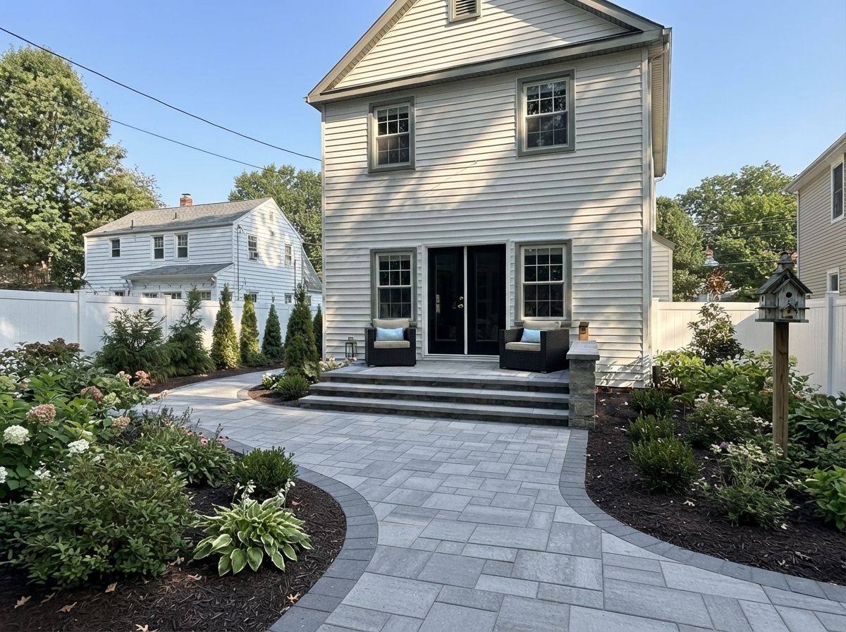 Modern two-story home with gray siding, landscaped front yard, and paved curved walkway