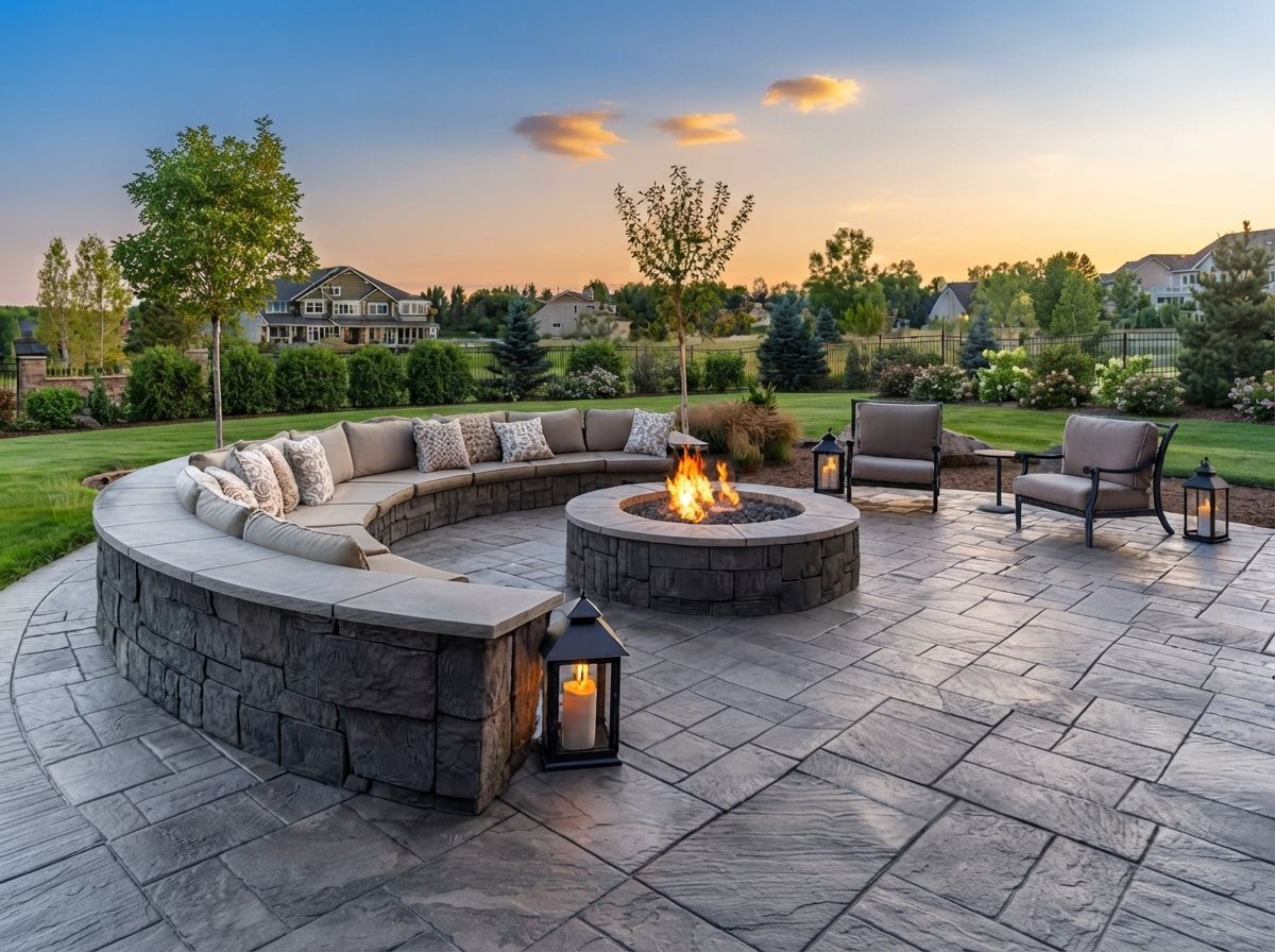 Backyard patio with curved stone fire pit seating and lounge chairs at sunset