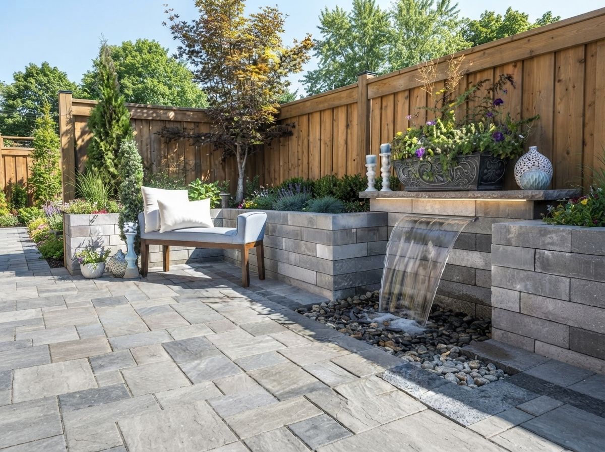 Backyard patio with stone pavers, wooden fence, white bench, raised planters, and potted flowers