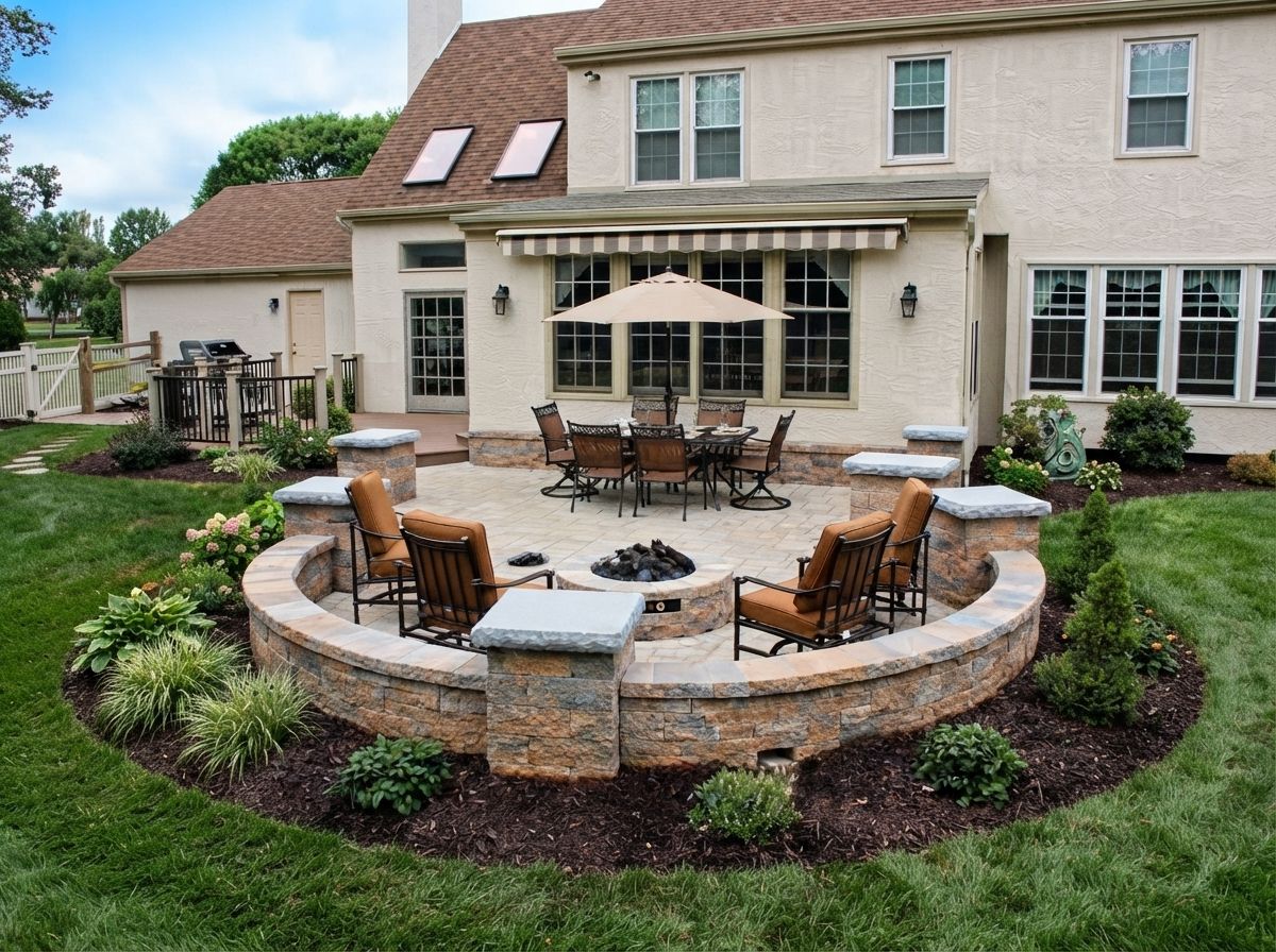 Back patio with stone seating wall, umbrella table, and landscaped yard behind a two-story house