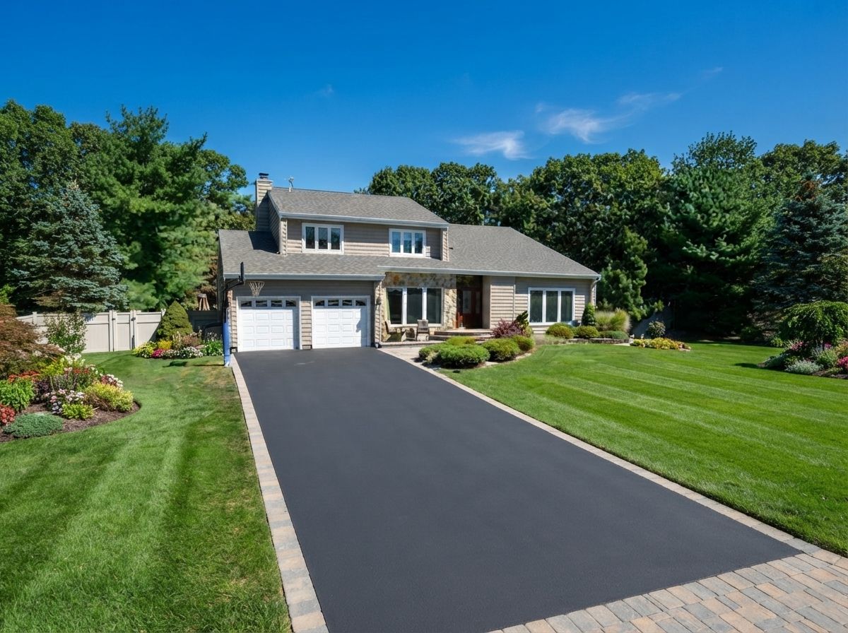 Suburban house with dark driveway, manicured lawn, and landscaped front yard under a blue sky