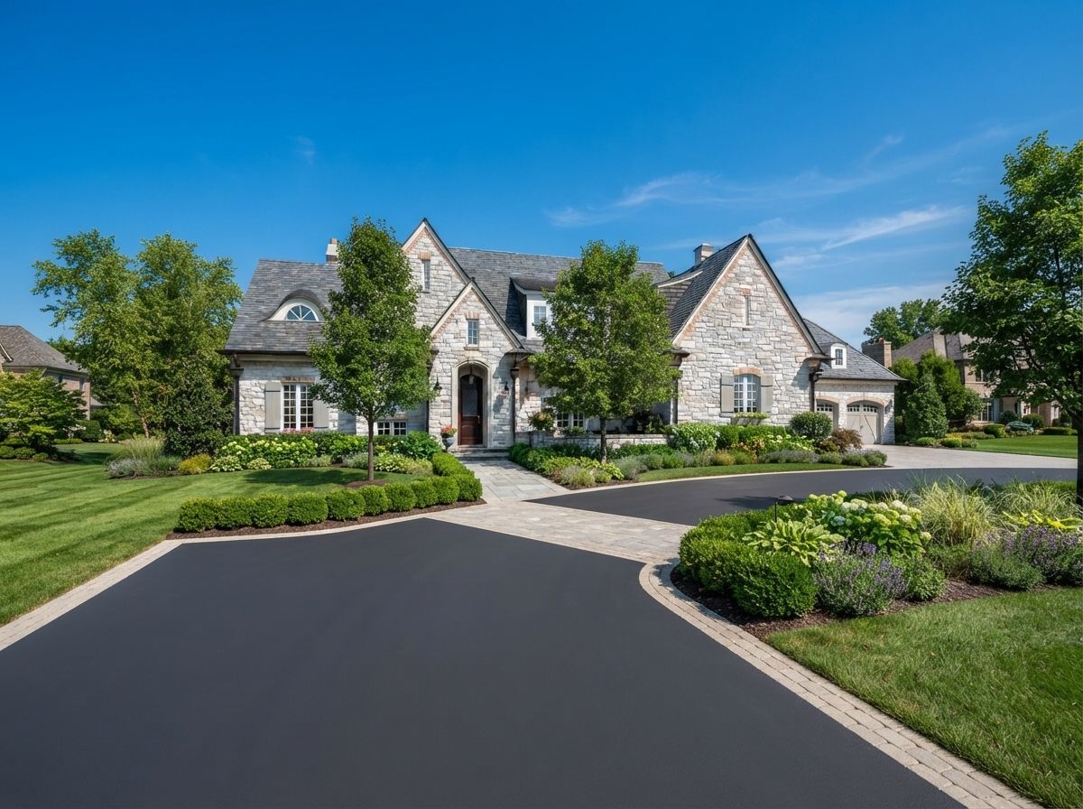 Large stone suburban house with a curved driveway, manicured lawn, and clear blue sky