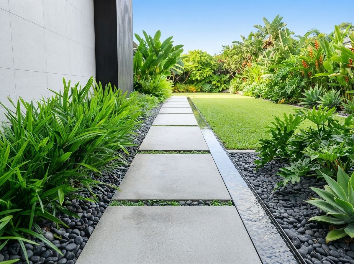 Modern stone walkway beside a white wall, bordered by lush green tropical plants