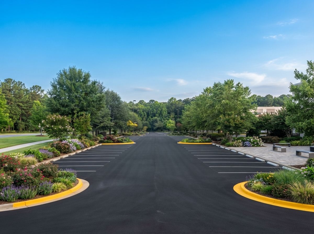 Empty landscaped parking lot with fresh black pavement, yellow curbs, and trees under a blue sky