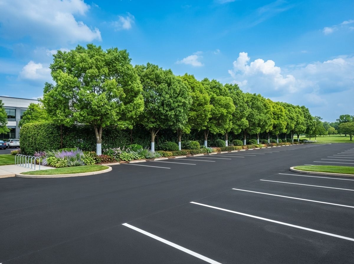 Empty parking lot beside a row of green trees under a blue sky