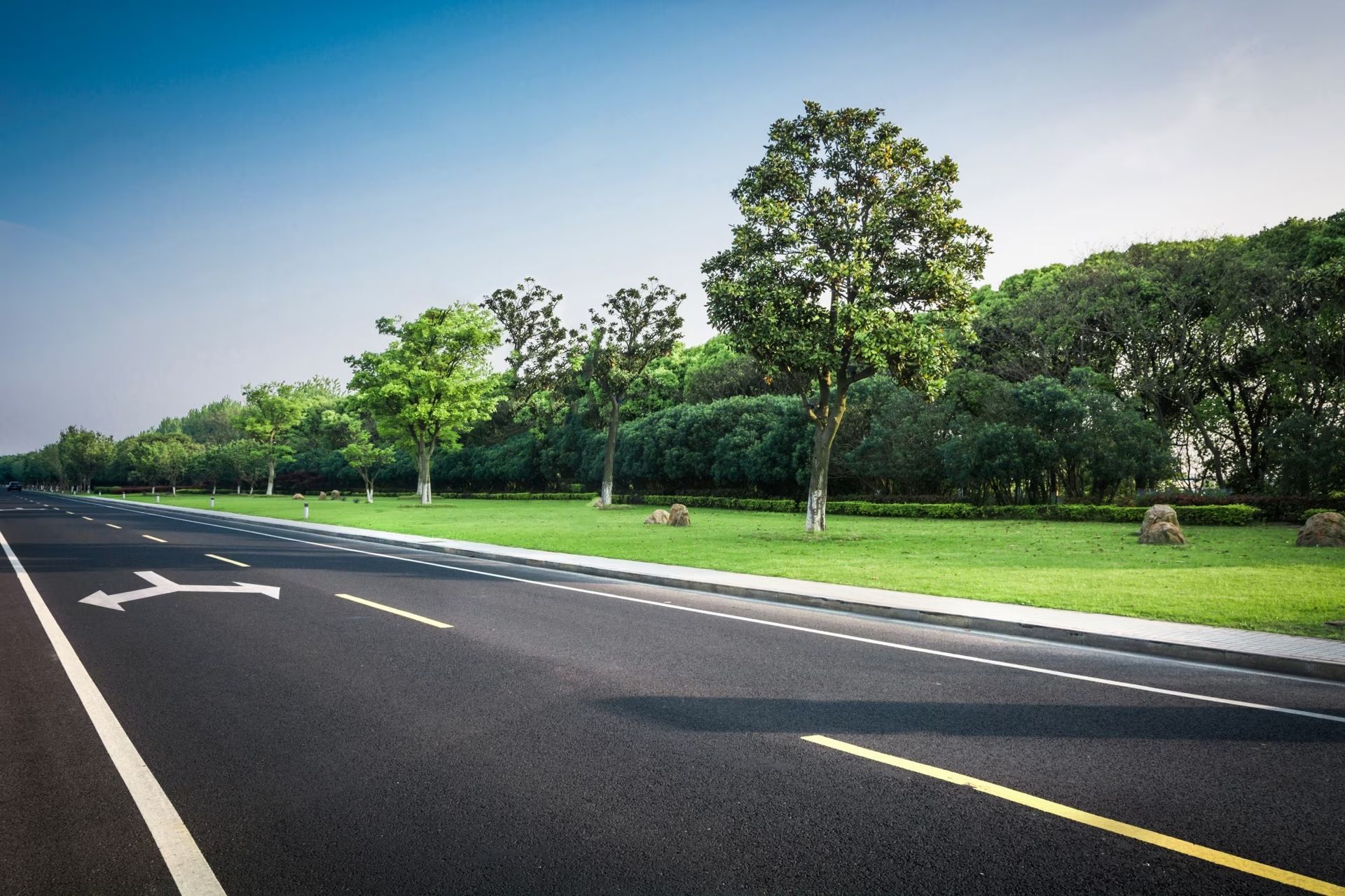 Empty paved road beside green trees under a blue sky