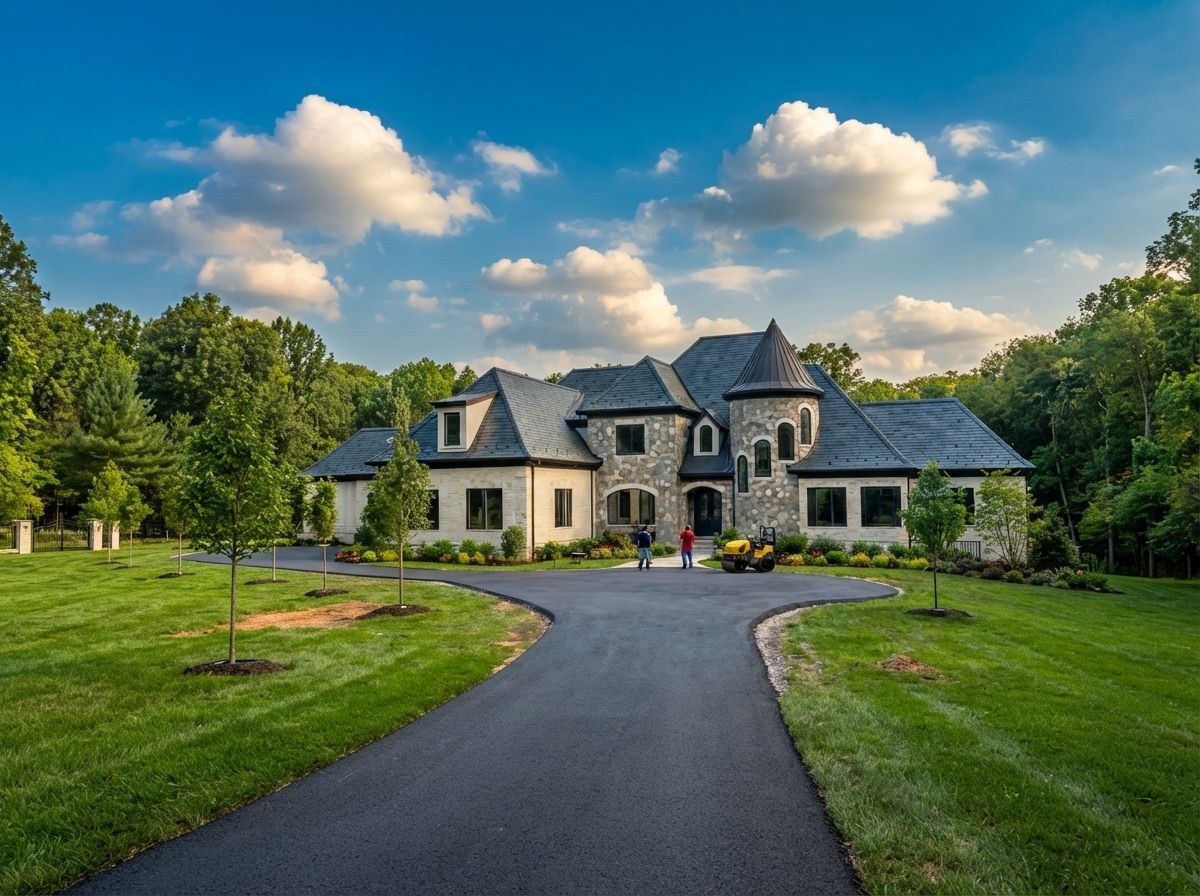 Large stone house with a curved driveway, green lawn, and blue sky with clouds