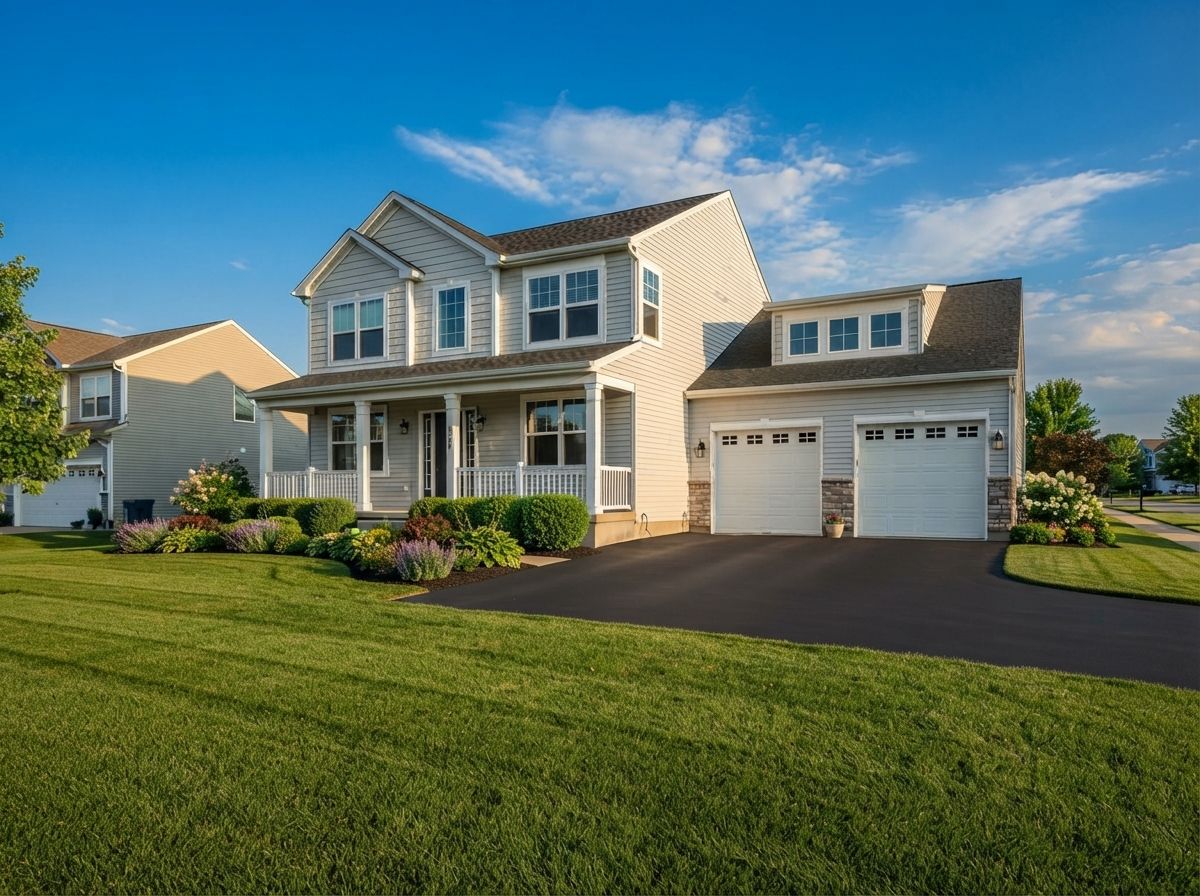 Large suburban house with beige siding, white trim, and a two-car garage on a sunny lawn.
