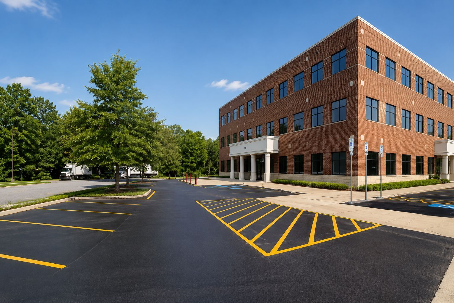 Brick office building beside an empty parking lot with yellow lines and trees under a clear blue sky