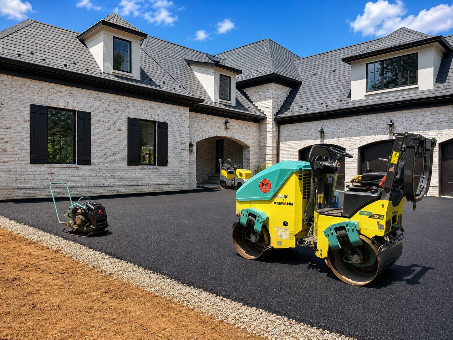 Yellow road roller on a black driveway in front of a large gray house under a blue sky